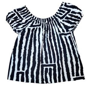 Tibi Top Silk Smocked Off Shoulder Short‎ Sleeve Flowy Milkmaid Black White S